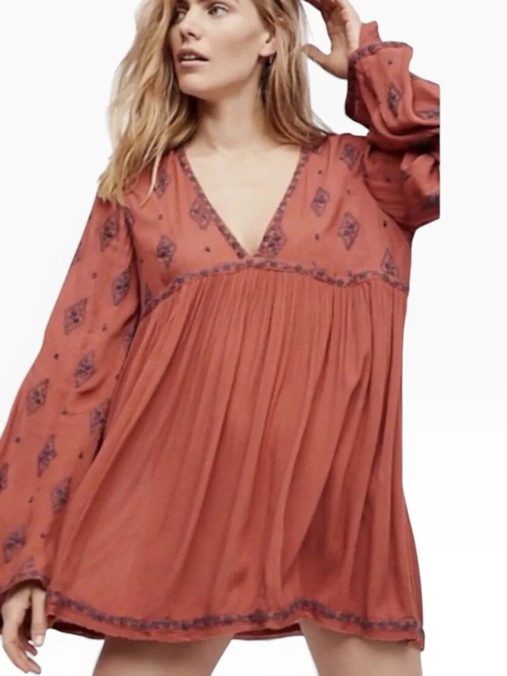 Free People Rustic Diamond Embroidered Tunic Mini Dress Bohemian over sz S/P new